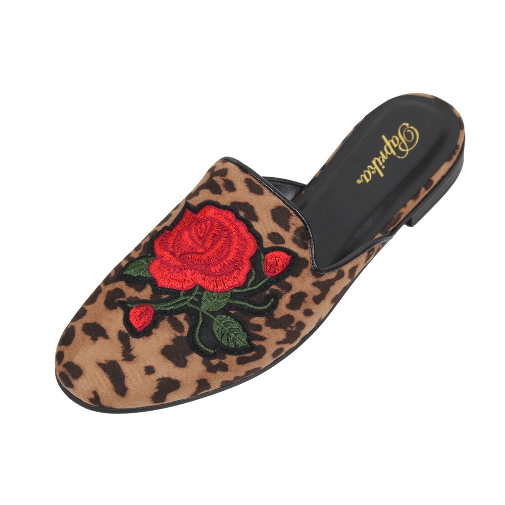 Cheetah Rose Embroidery Backless Slip On Loafer - Picture 2 of 6